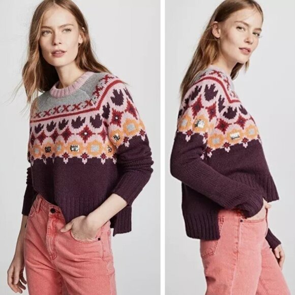 Cinq A Sept Gianni Fair Isle Sweater Wool Blend Knit Sequins Studded Preppy - Picture 1 of 10
